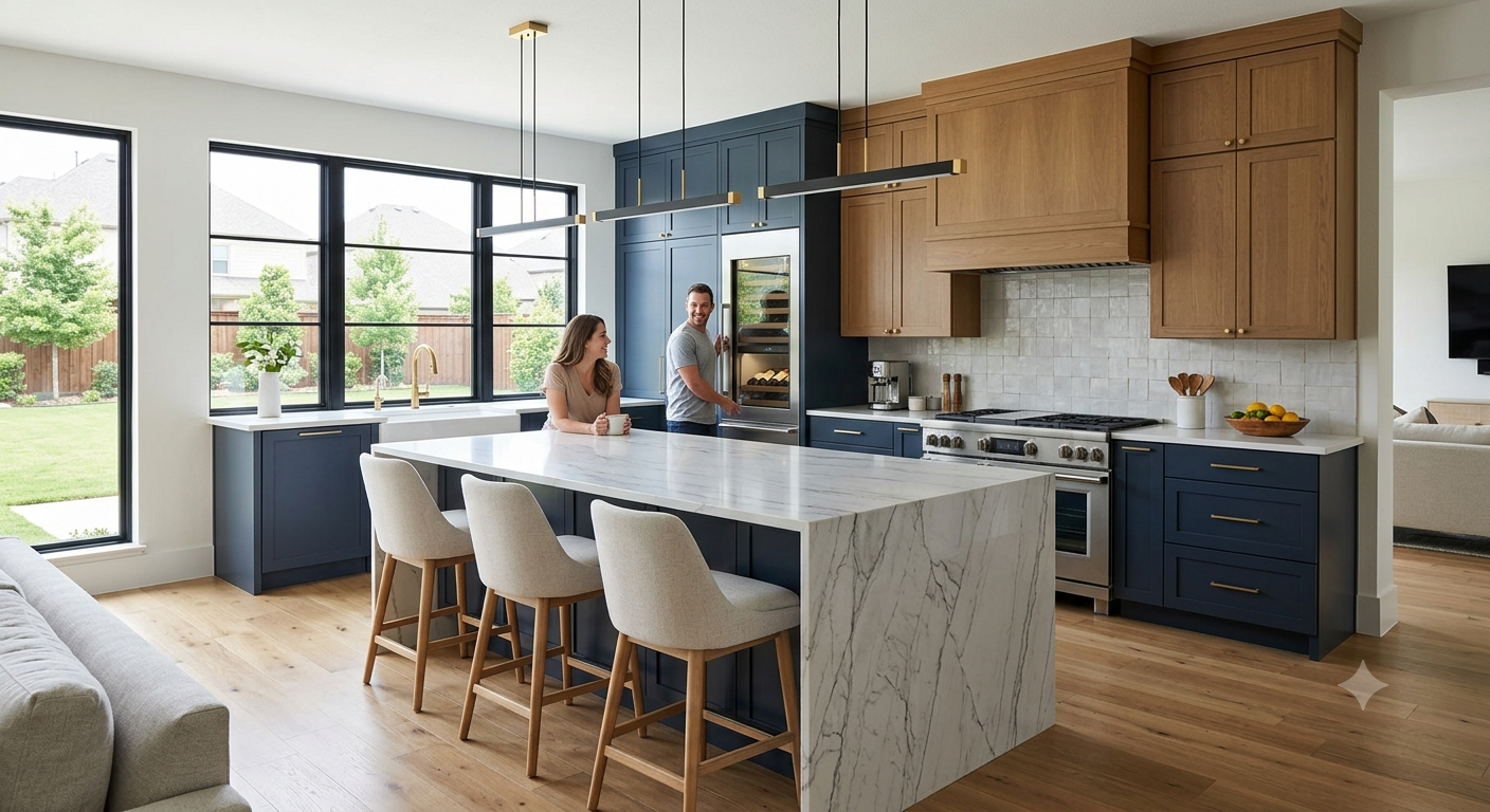 A modern open-concept Frisco kitchen remodel featuring two-tone blue and oak cabinetry, a large waterfall quartzite island, professional-grade appliances, and large windows overlooking a Texas backyard.