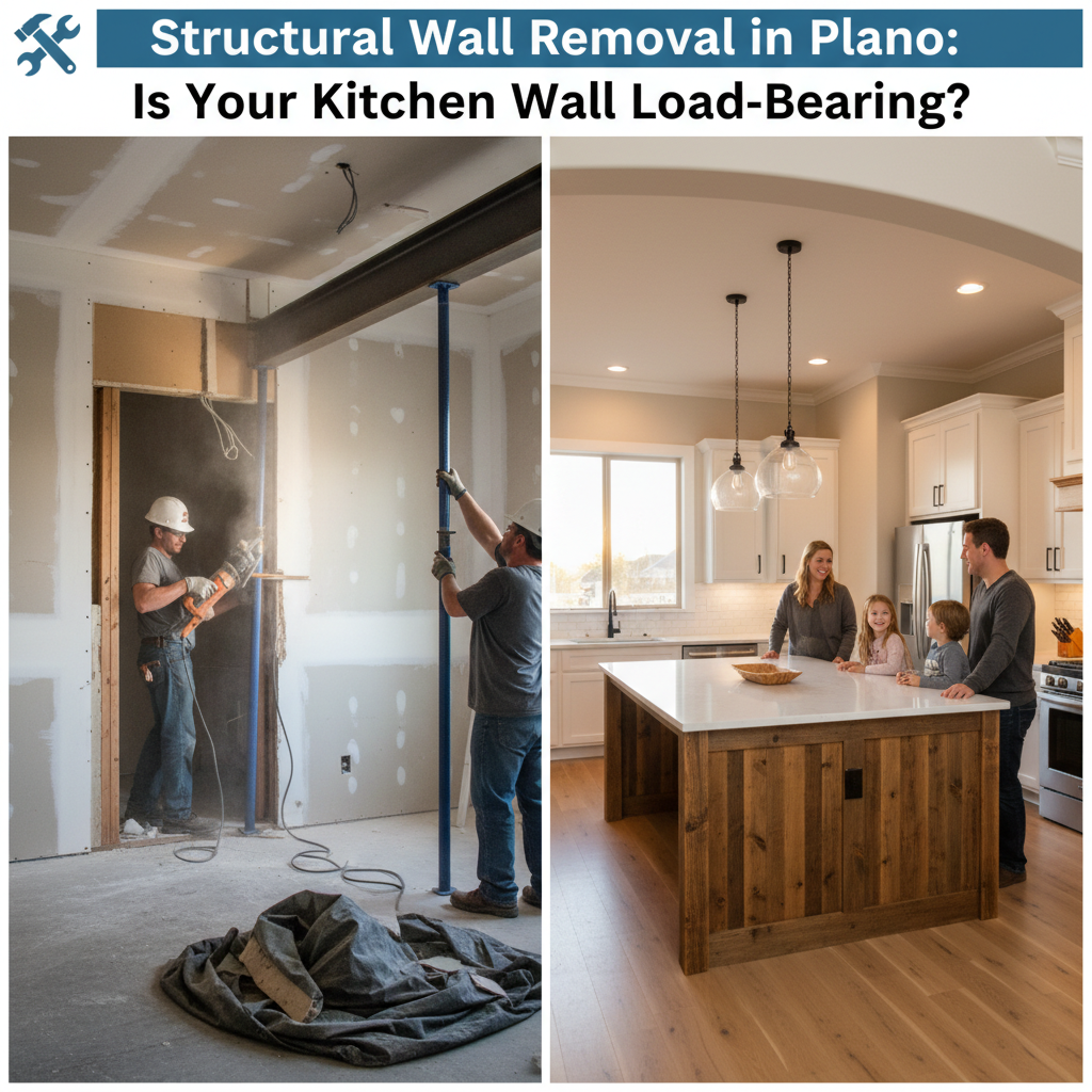 Exposed structural wood framing and load-bearing ceiling beam installation during an open-concept home remodel in Plano Texas.