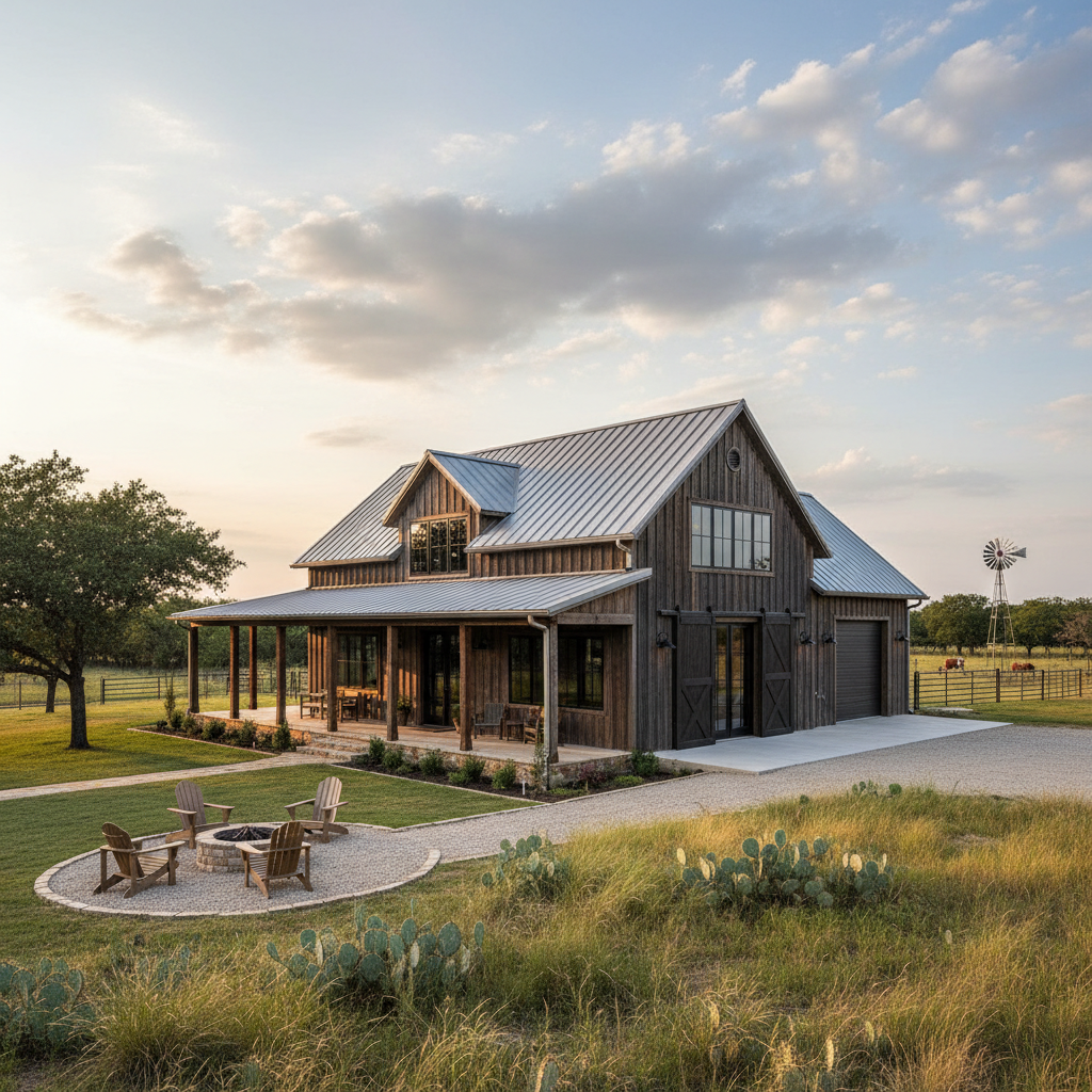 Modern residential barndominium featuring black metal siding, warm wood accent porch framing, and large windows set on a North Texas property.