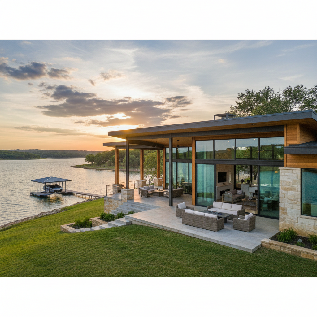 A luxury custom lakefront home build overlooking Bois d'Arc Lake near Bonham Texas featuring a covered timber patio and open glass view.