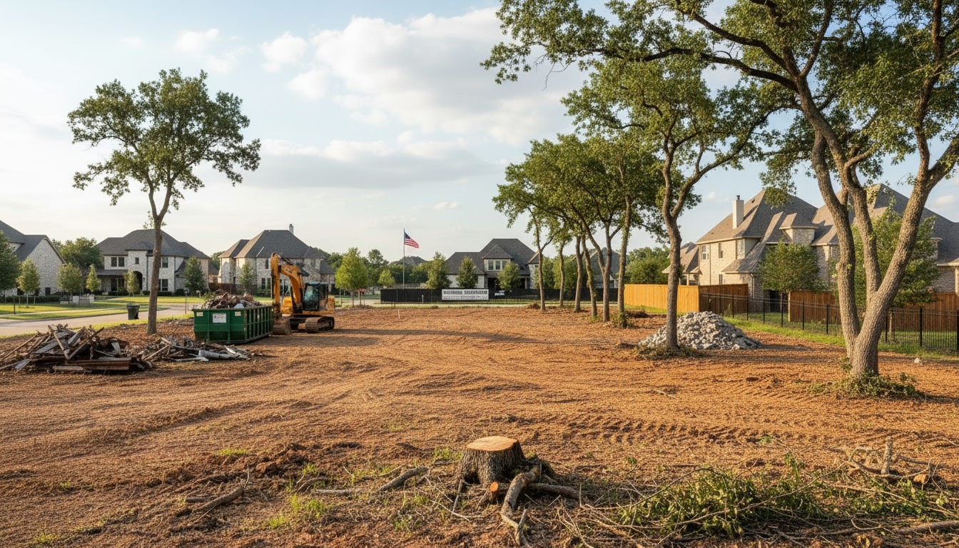 Heavy excavation equipment clearing a residential teardown lot for a custom home rebuild in Southlake Texas.