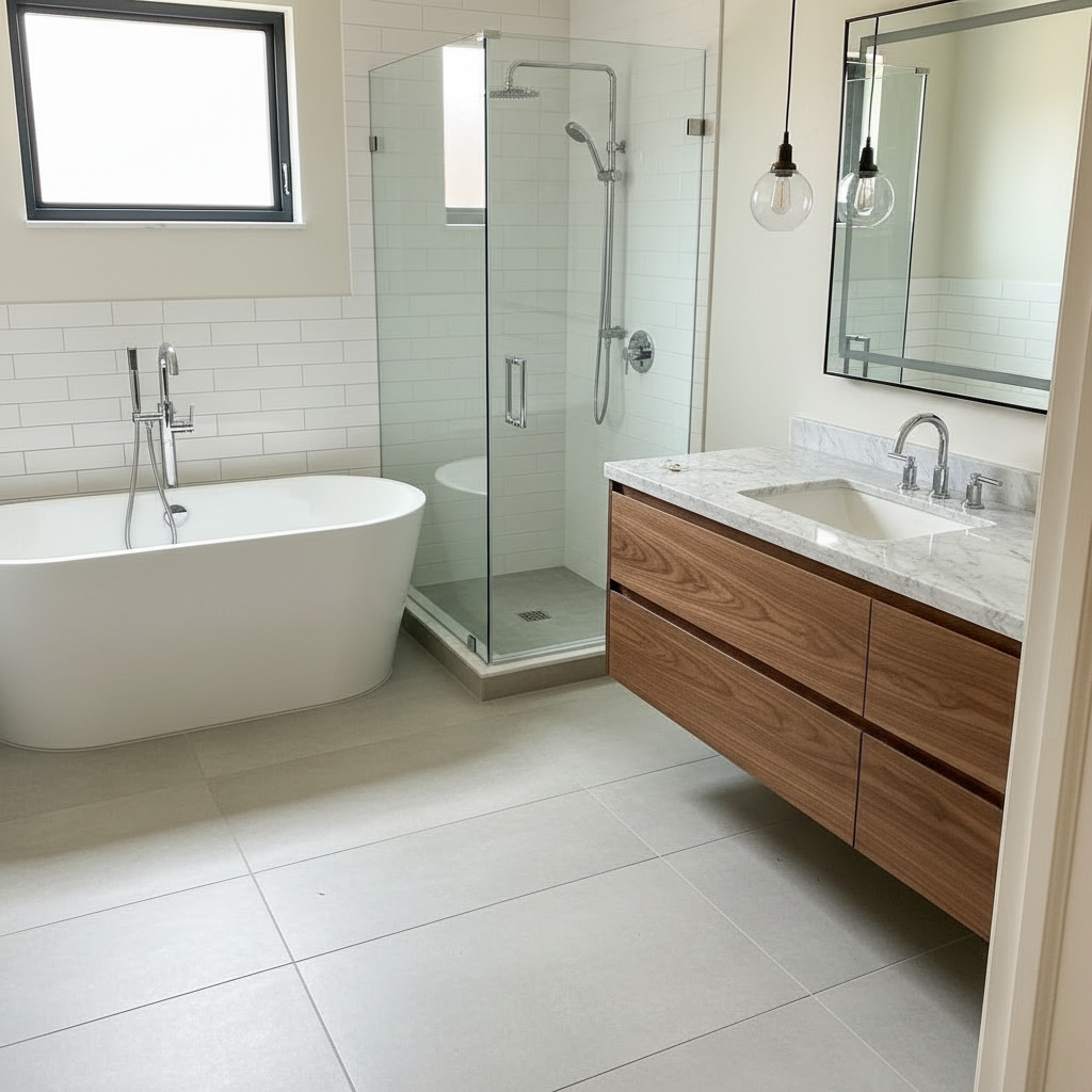 Modern luxury master bathroom remodel featuring a seamless glass walk-in shower and floating double vanity setup in McKinney Texas.